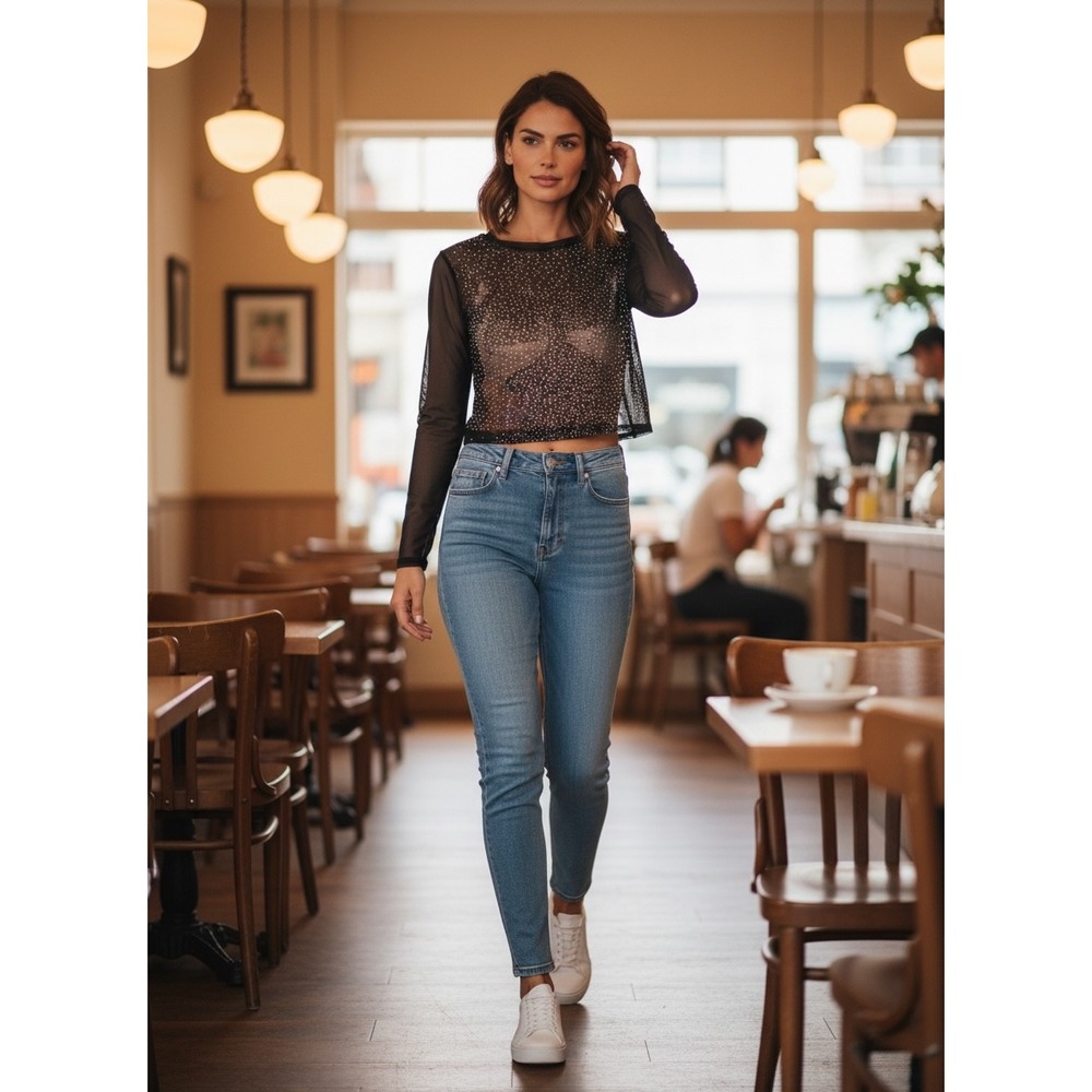 Generation Womens Black Sheer Mesh Rhinestone Embellished Long Sleeve Crop Top